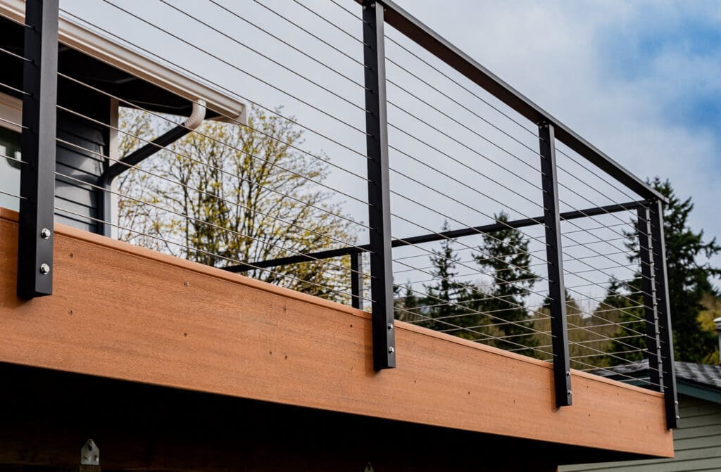 Matte black cable railing hardware detail by Maisy Railing